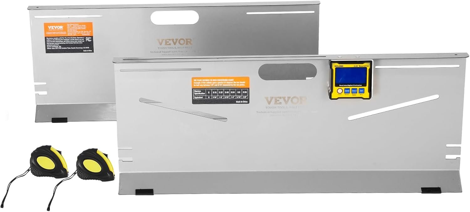 516C1T6bSL._AC_SL1500_.jpg VEVOR Wheel Alignment Tool, 2-Pack Toe Plates, Camber/Caster/Toe Gauge 0.1° Accuracy, Stainless Steel Tool Plate, Magnetic Slots and 6 Alignment Rods, Includes 2 Measuring Tapes & Conversion Chart - Image 1