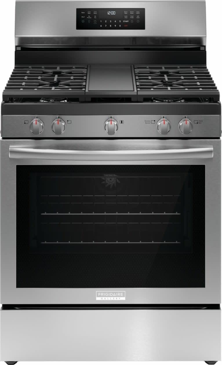 51827dbXSL._AC_SL1260_.jpg Frigidaire Gallery 30 in. 5 Burner Freestanding Gas Range in Stainless Steel with True Convection and Air Fry GCRG3060BF - Image 1
