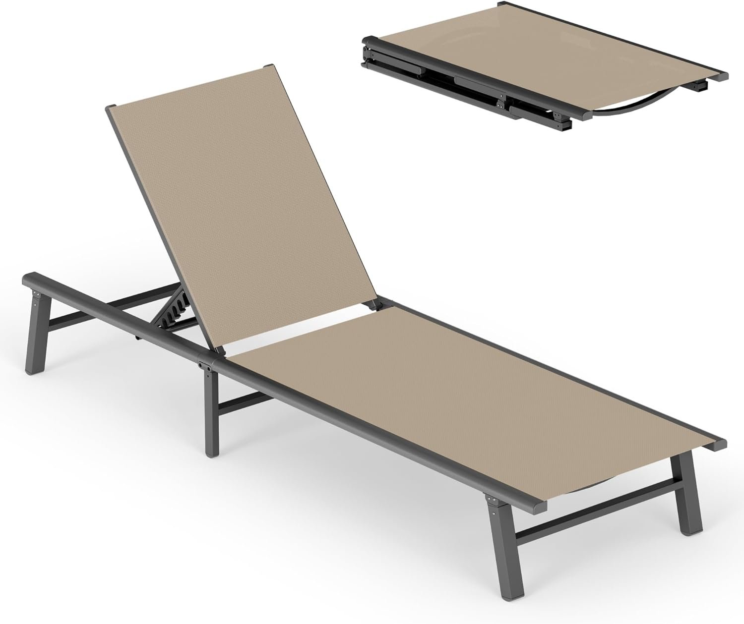 61Ch7lwE8nL._AC_SL1500_.jpg Ciokea Foldable Outdoor Lounge Chair, No Assembly Patio Chaise Lounge Outdoor with 5-Positions, Aluminum Pool Lounge Chair with Portable Design for Pool, Beach, Deck, Backyard, Khaki - Image 1