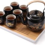 Dujust Japanese Tea Set, Black Porcelain Tea Set with 1 Teapot Set, 6 Tea Cups, 1 Tea Tray, 1 Stainless Infuser, Beautiful Asian Tea Sets for Adults, Tea Lover/Women/Men (Countryside in Golden)