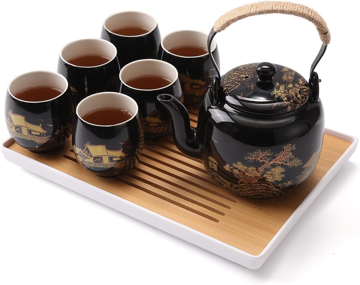 61DuUrPqjGL._AC_SL1500_.jpg Dujust Japanese Tea Set, Black Porcelain Tea Set with 1 Teapot Set, 6 Tea Cups, 1 Tea Tray, 1 Stainless Infuser, Beautiful Asian Tea Sets for Adults, Tea Lover/Women/Men (Countryside in Golden) - Image 1