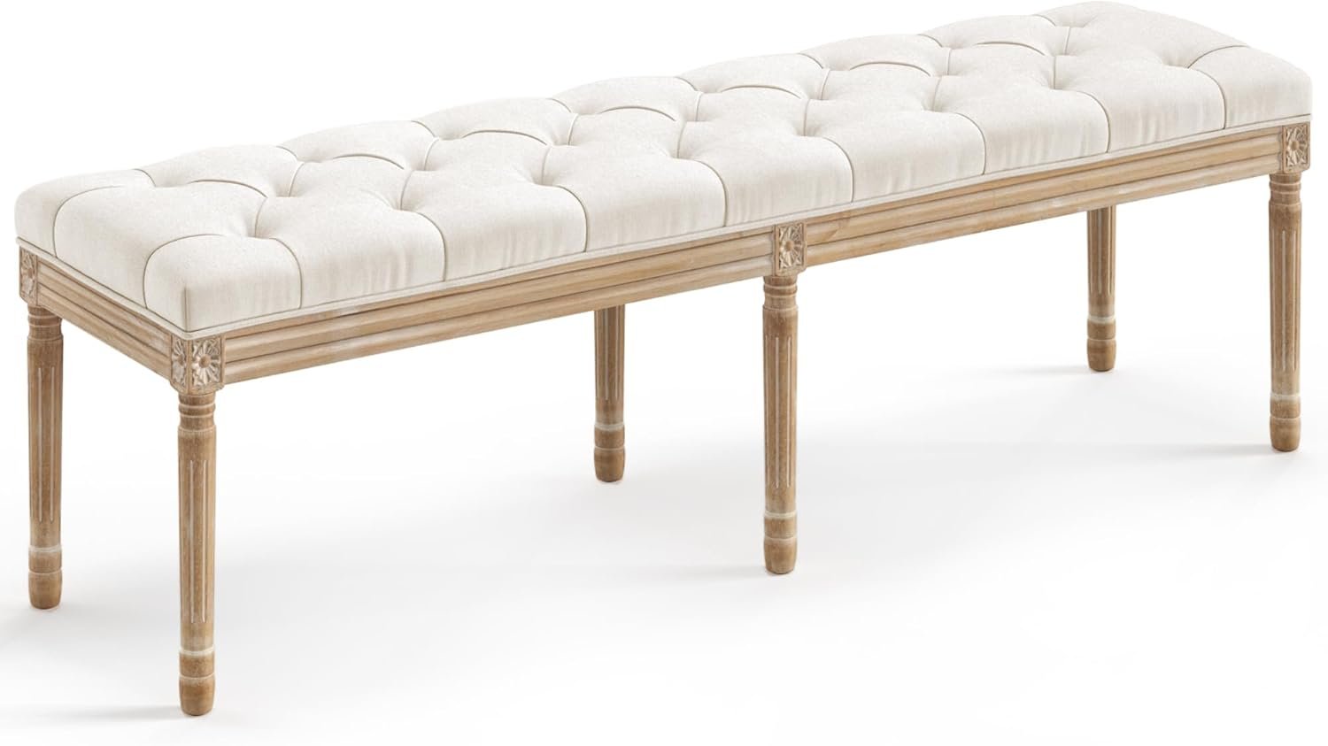 61FTEUUrF-L._AC_SL1500_.jpg LUE BONA 60" Fabric End of Bed Bench, Upholstered Tufted French Bedroom Bench with Carved Legs for Bedroom End of King Size Bed, Living Room, Beige - Image 1