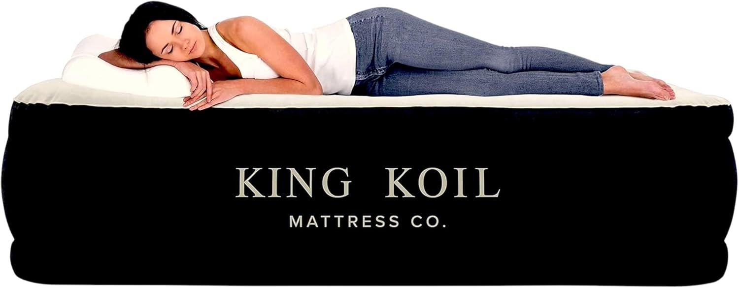 61SBlNnOcYL._AC_SL1500_.jpg King Koil Luxury Air Mattress Queen with Built in Pump, Integrated Premium Pillow Inflatable Airbed for Guests, Camping & Home (Manufacturer Warranty) - Image 1