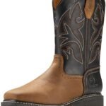SUREWAY Cowboy Boots For Men - Mens Square Toe Embroidery Western Boot,Oil/Slip Resistant,Durable Classic Pull on 10 Inch Wellington Boots - Soft Toe Full Grain Leather Work Boots