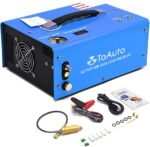 TOAUTO A2 PCP Air Compressor, Auto-Stop, Portable 4500Psi/30Mpa, Oil/Water-Free, 8MM Quick-Connector HPA Compressor for Paintball/PCP Air Rifle/Scuba Tank, Powered by Home 110V AC or 12V Car DC（Blue）