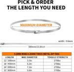 12 inch Stainless Steel Cable Zip Ties 100Pack 304 Metal Cable Ties with 270lbs Tensile Strength Heavy Duty Zip Ties for Farms Pipes Roofs Workshop Outdoor Fence Use - Image 7