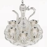 Vintage Turkish Tea Set with 6 Cups and Tray Retro Coffee Pot Cups Set Exquisite Tea Sets Decorative Vintage Tea Service Set for Home Party Decor (Silver White)