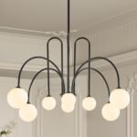 Modern Sputnik Chandelier 8 Lights Large Luxury L41” Mid Century Milk Glass Globe Ceiling Pendant Light Fixture Black Chandeliers for Foyer Staircase Living Dining Room Kitchen