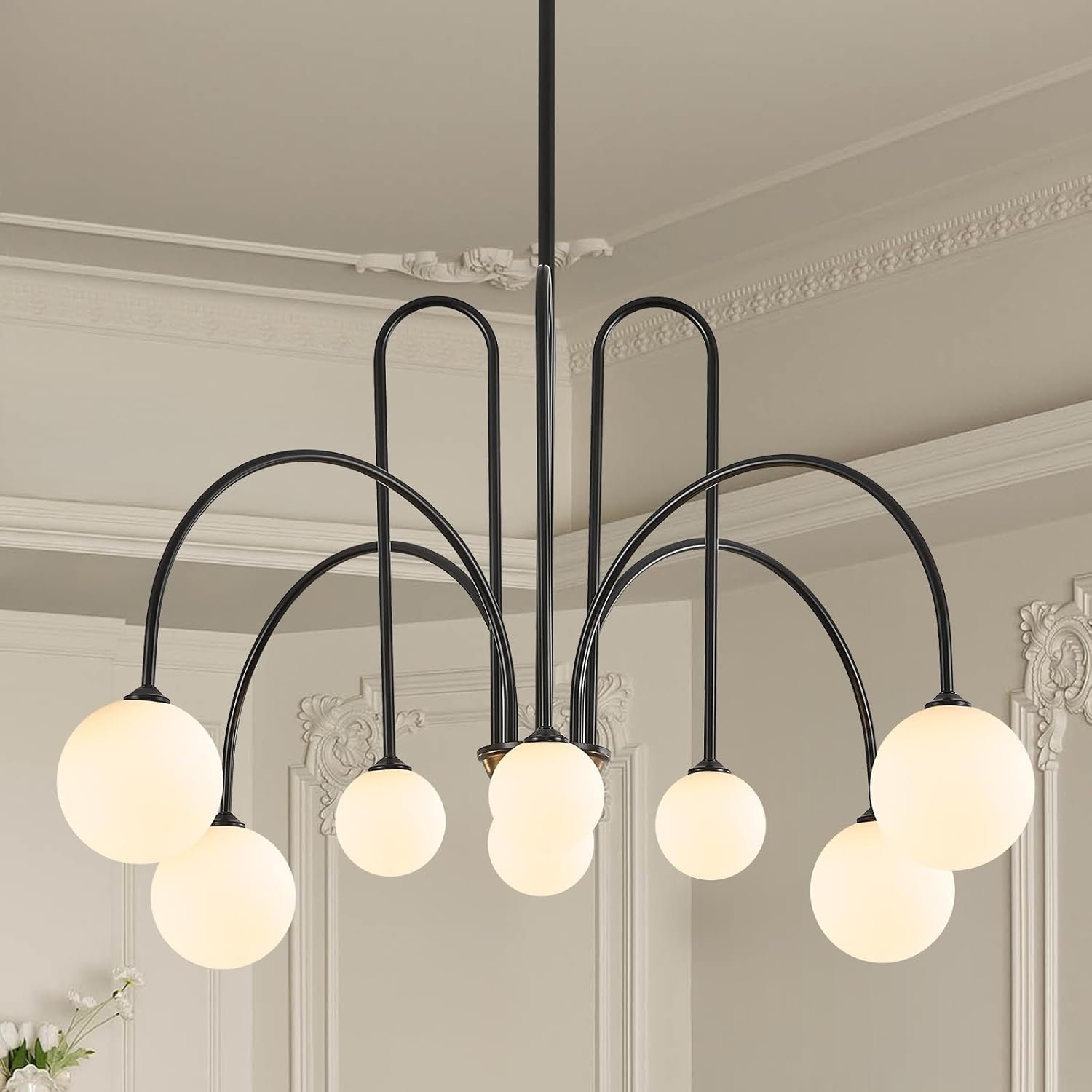 61w2i5Ss8DL._AC_SL1500_.jpg Modern Sputnik Chandelier 8 Lights Large Luxury L41” Mid Century Milk Glass Globe Ceiling Pendant Light Fixture Black Chandeliers for Foyer Staircase Living Dining Room Kitchen - Image 1