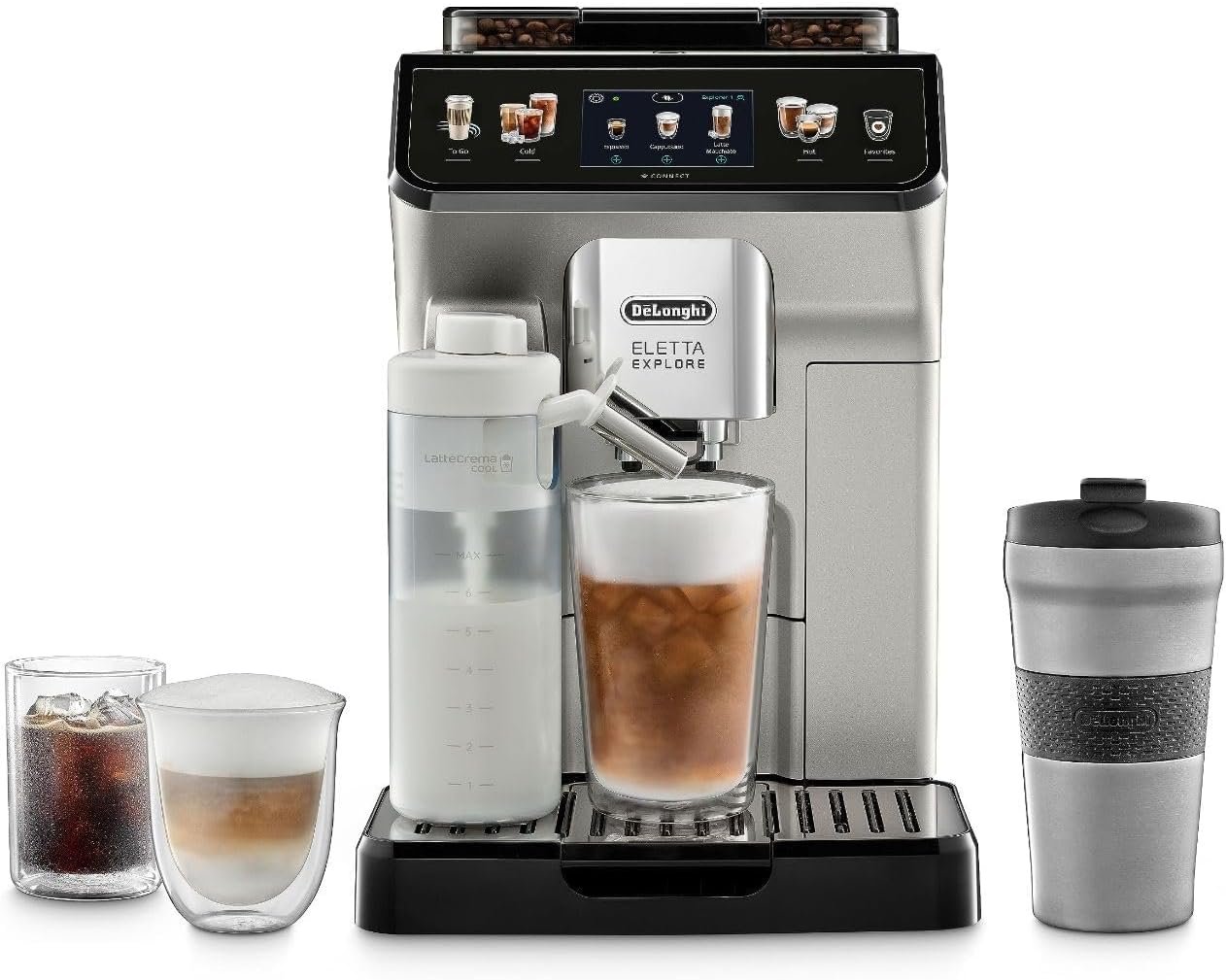 61wv7hvVk3L._AC_SL1400_.jpg De'Longhi Eletta Explore Espresso Machine with Cold Brew, Hot & Cold Milk Frother - 50+ Recipes, Built in Grinder, User Profiles, Smartphone Compatible with Bean Adapt Technology for Ideal Extraction - Image 1