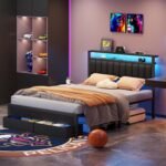 Furnulem Queen Bed Frame with Charging Station and LED Lights, Grey Upholstered Headboard with Shelves, Metal Platform Bed with 2 Under-Bed Storage (Fabric Drawer on Wheels), No Box Spring Needed - Image 5