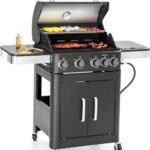 Sophia & William 4-Burner Gas BBQ Grill with Side Burner & Porcelain-Enameled Cast Iron Grates, Outdoor Cooking Propane Grills Cabinet Style Garden Barbecue Grill, 46,700BTU, Black