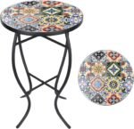 VCUTEKA Mosaic Side Table, 21" Round End Table with 14" Ceramic Tile Top, Indoor Patio Accent Table for Yard, Garden, Living Room, Bistro Balcony or Lawn