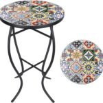 VCUTEKA Mosaic Side Table, 21" Round End Table with 14" Ceramic Tile Top, Indoor Patio Accent Table for Yard, Garden, Living Room, Bistro Balcony or Lawn