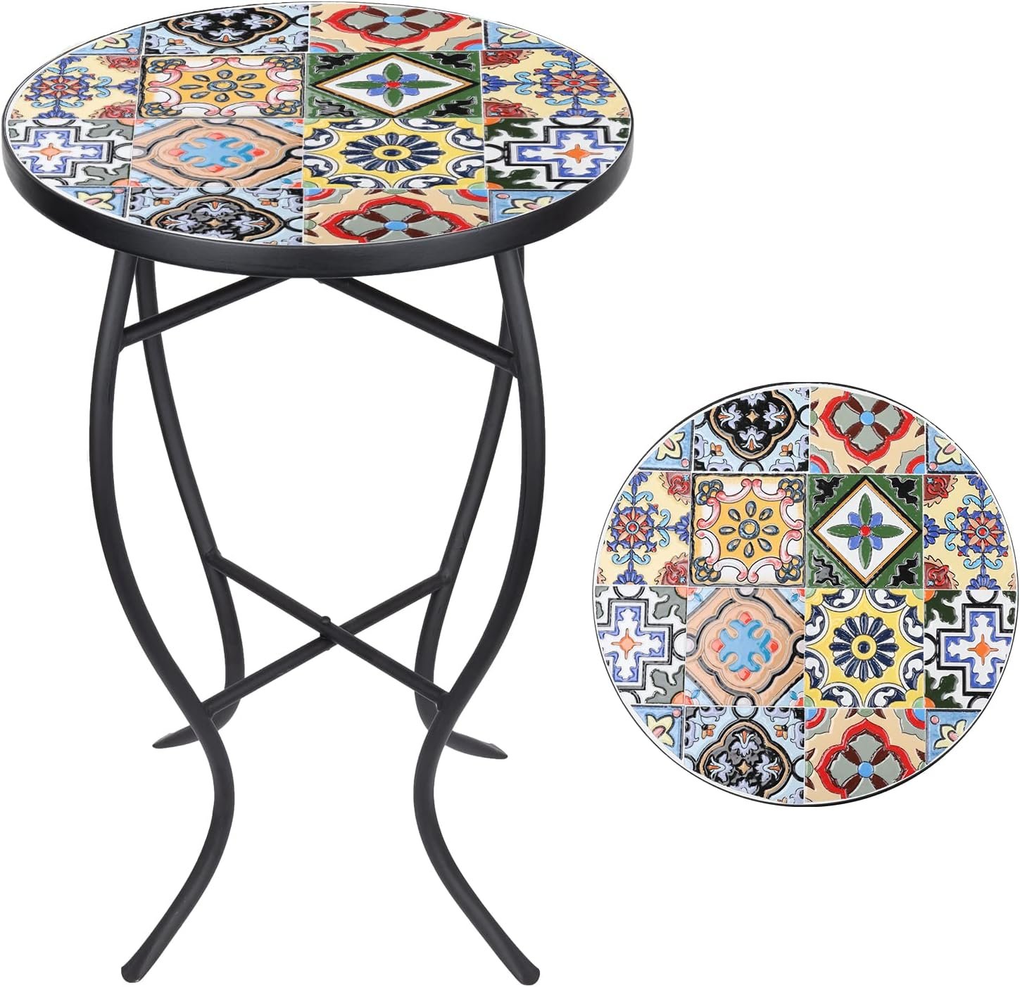 711MfrYrq2L._AC_SL1500_.jpg VCUTEKA Mosaic Side Table, 21" Round End Table with 14" Ceramic Tile Top, Indoor Patio Accent Table for Yard, Garden, Living Room, Bistro Balcony or Lawn - Image 1