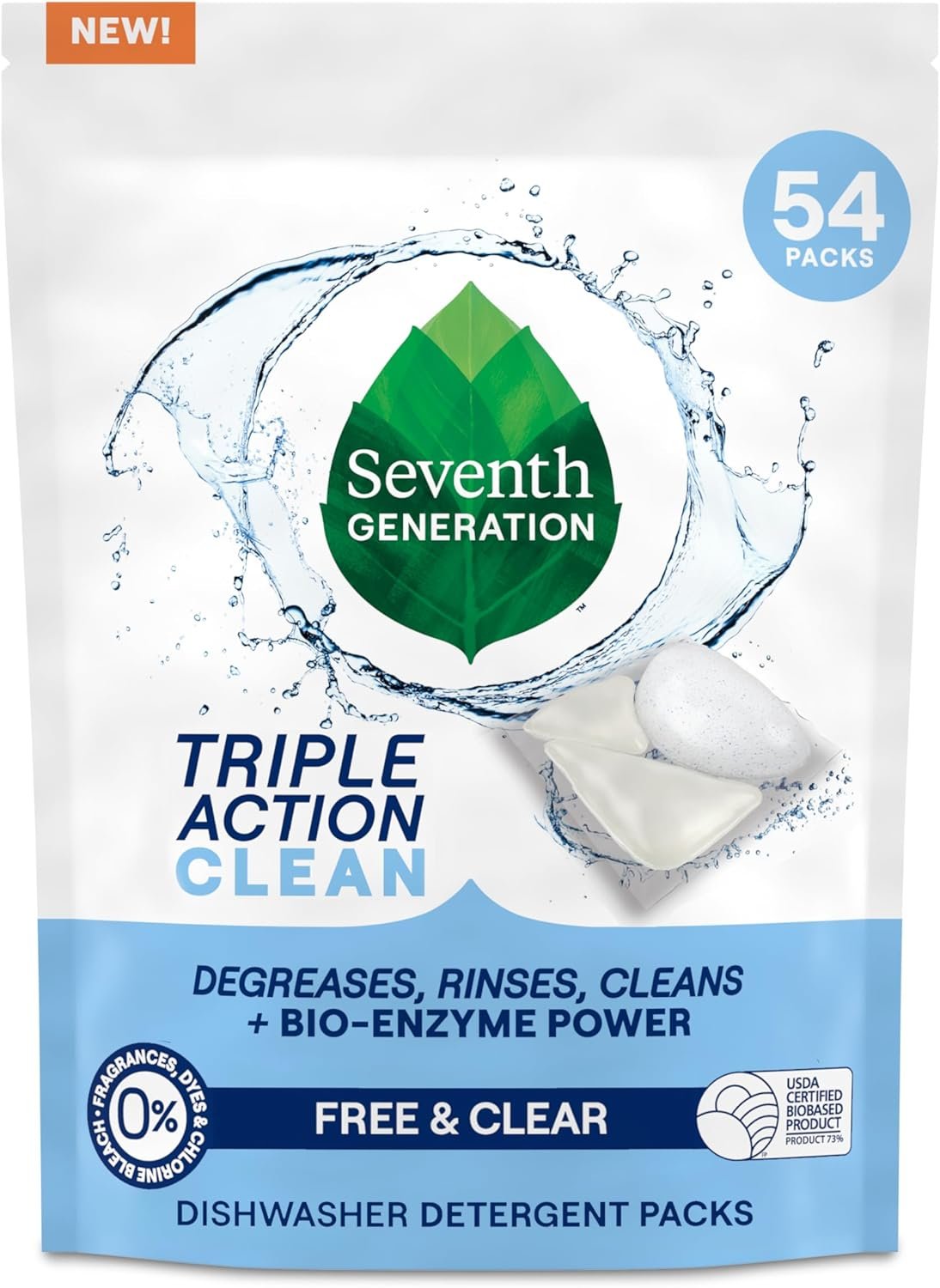 712gnPbqsL._AC_SL1500_.jpg Seventh Generation Triple Action Clean Automatic Dishwasher Detergent Packs with Bio-Enzyme Power, Free & Clear, Fights 48-hour Stuck-on Food, 54 count - Image 1