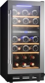 26 Bottles Wine Cellar, 15 Inch Compressor Wine Cooler with Dual Zone, Built-in or Under Counter, 41-64°F Digital Touchscreen, Triple-Layer Glass, Wine Fridge in Cabinet