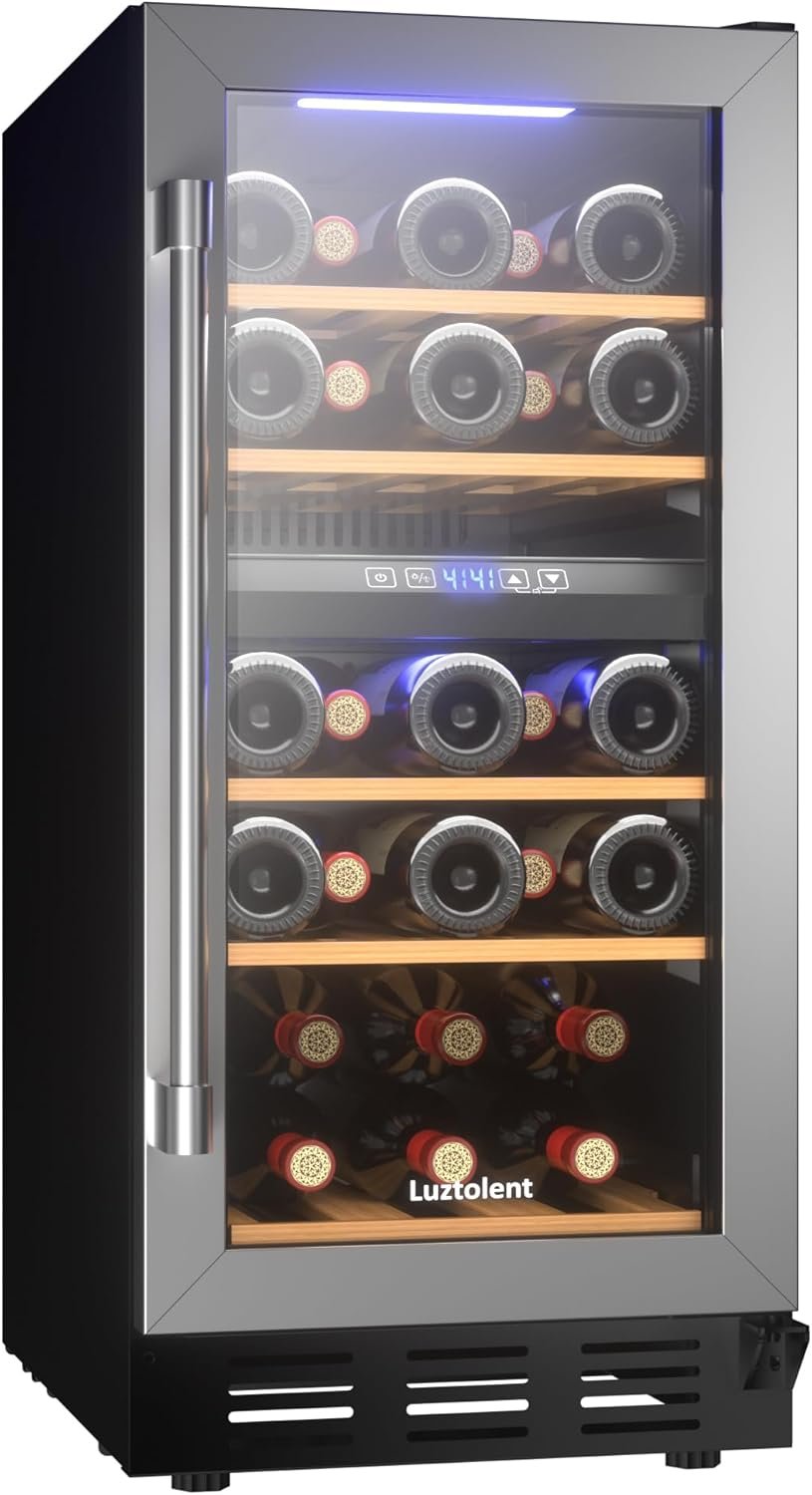 718lGW05j0L._AC_SL1500_.jpg 26 Bottles Wine Cellar, 15 Inch Compressor Wine Cooler with Dual Zone, Built-in or Under Counter, 41-64°F Digital Touchscreen, Triple-Layer Glass, Wine Fridge in Cabinet - Image 1