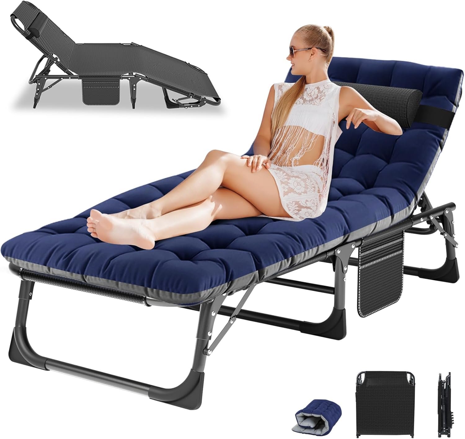71BoQ0WuSSL._AC_SL1500_.jpg LILYPELLE Lounge Chair with Mattress, Heavy Duty Outside Lounge Chair Outdoor Portable Folding Lounge Chairs Sleeping Cots Bed for Camping, Pool, Beach, Patio - Image 1