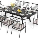 PHI VILLA 9 Pieces Outdoor Dining Set for 8, 84" Long Expandable Metal Table & Heavy-Duty Wrought Iron Chairs with Cushions, Large Furniture Set for Patio, Deck, Yard, Porch - Black