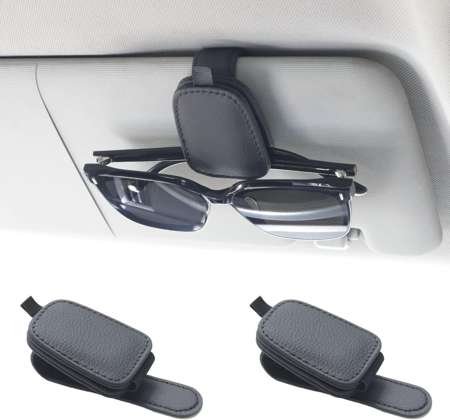 71EK-l5lcL._AC_SL1500_.jpg Yuoyar Sunglass Holder for Car, Magnetic Leather Sunglasses Holder and Ticket Card Clip, Car Visor Accessories, 2 Packs (Black) - Image 1