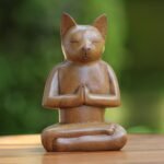 NOVICA Brown Animal Themed Suar Wood Sculpture, 6.5" Tall 'Cat in Deep Meditation' - Image 4