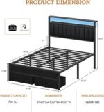 Furnulem Queen Bed Frame with Charging Station and LED Lights, Grey Upholstered Headboard with Shelves, Metal Platform Bed with 2 Under-Bed Storage (Fabric Drawer on Wheels), No Box Spring Needed - Image 2