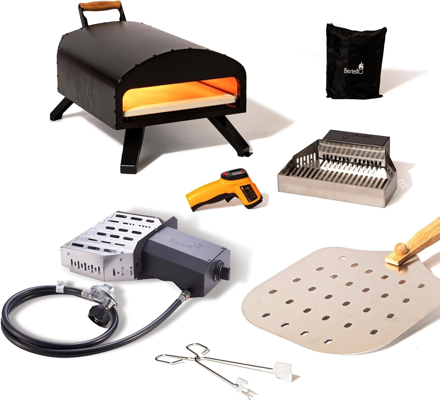 71MTEJHcyDL._AC_SL1500_.jpg Bertello SimulFIRE Outdoor Pizza Oven Bundle - Wood Fire Portable 12 inch Brick Oven with Gas Burner, Peel, Wood Tray, Cover, & Thermometer - Portable Pizza Maker - As Seen on SHARK TANK - Image 1