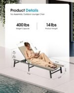 Ciokea Foldable Outdoor Lounge Chair, No Assembly Patio Chaise Lounge Outdoor with 5-Positions, Aluminum Pool Lounge Chair with Portable Design for Pool, Beach, Deck, Backyard, Khaki - Image 2