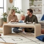 Modern Boho Faux Marble Coffee Table, 47" Travertine Pattern Waterfall Rectangular Center Table in a Scandinavian Style for Living Room with Sturdy Wood Frame, Thick Legs & Easy Assembly - Image 7