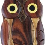 Hand Carved in Vietnam Wooden Puzzle Box- Intarsia Wood Art - Owl II