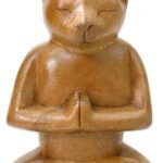 NOVICA Brown Animal Themed Suar Wood Sculpture, 6.5" Tall 'Cat in Deep Meditation'
