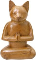 NOVICA Brown Animal Themed Suar Wood Sculpture, 6.5" Tall 'Cat in Deep Meditation'