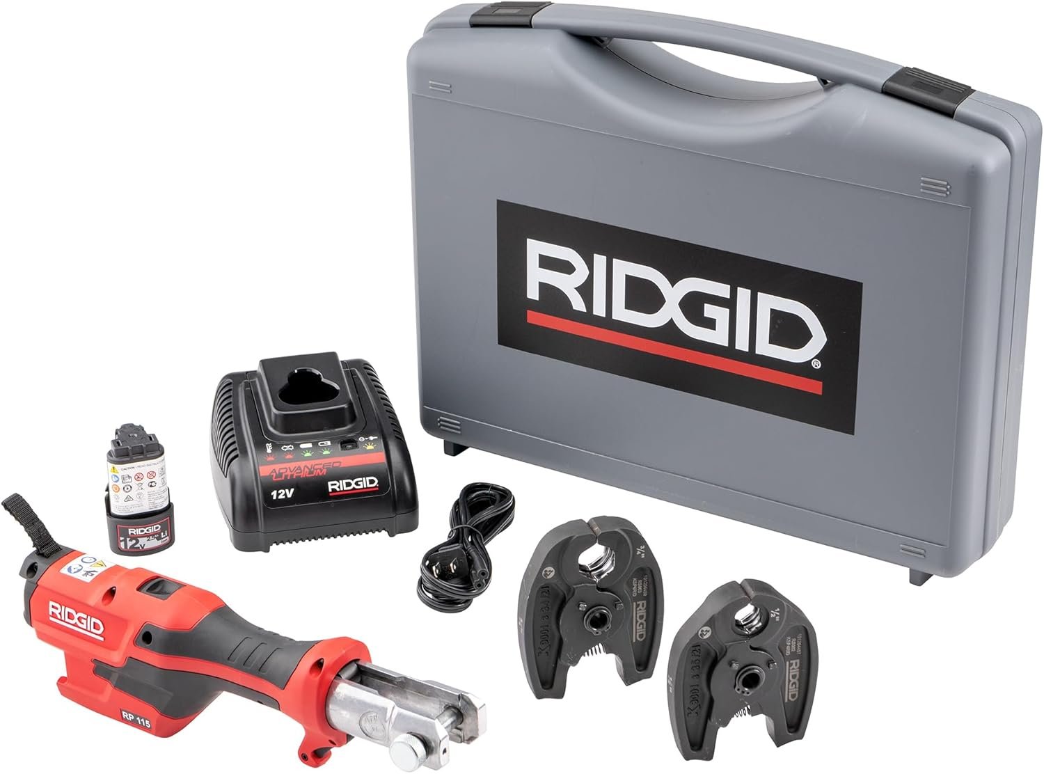 71nuWH6aojL._AC_SL1500_.jpg RIDGID 72553 Model RP 115 Mini Press Tool and Battery Kit with 1/2" to 3/4" ProPress Press Tool Jaws, 2V Li/Ion Battery, 12V Charger, and Carrying Case , Red - Image 1