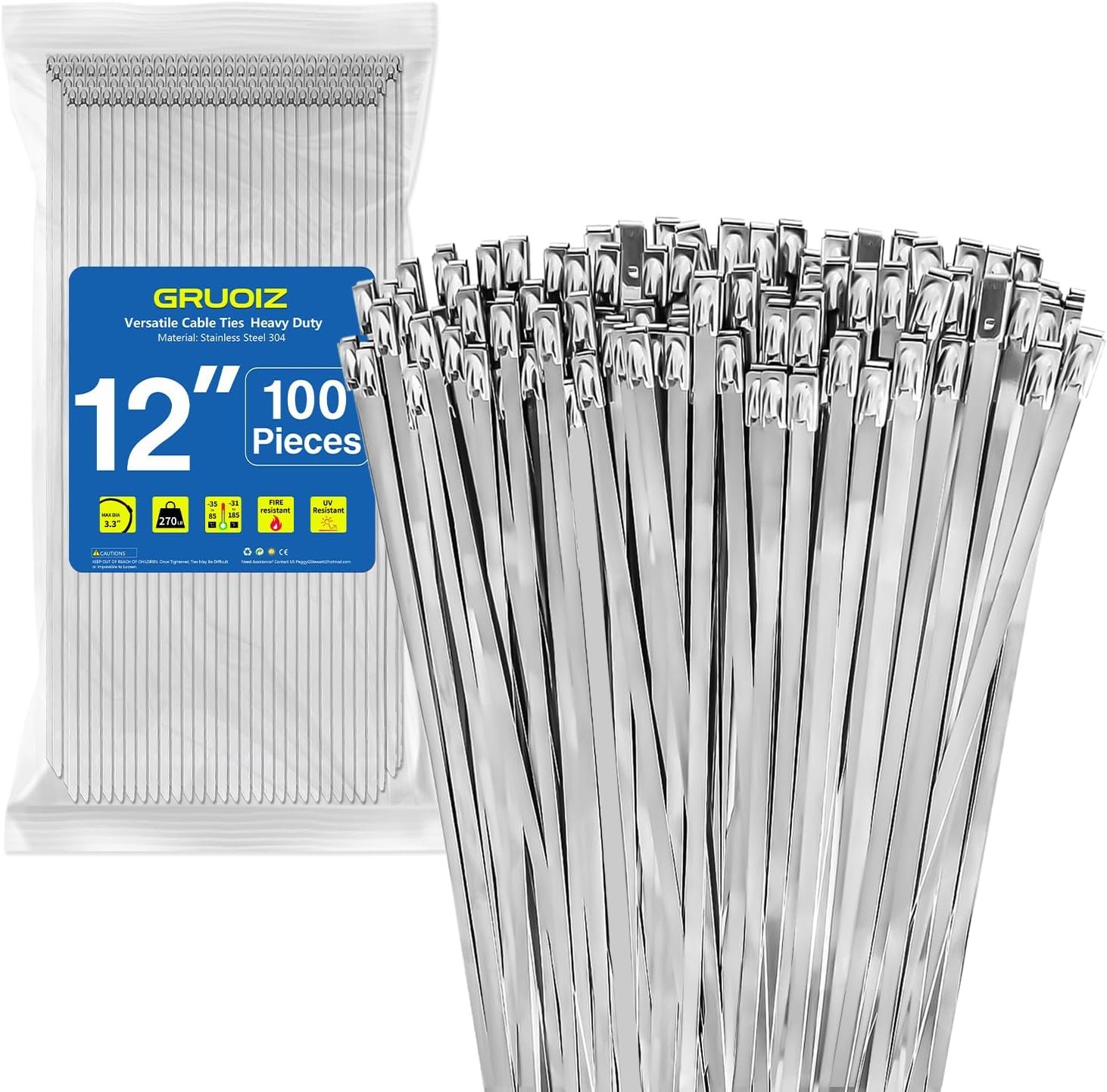 71qVtLjYB3L._AC_SL1500_.jpg 12 inch Stainless Steel Cable Zip Ties 100Pack 304 Metal Cable Ties with 270lbs Tensile Strength Heavy Duty Zip Ties for Farms Pipes Roofs Workshop Outdoor Fence Use - Image 1