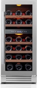 Ca'Lefort 15 Inch Wine Fridge, 28 Bottle Wine Cooler Refrigerator, 40-65°F Wine Refrigerator Glass Door, 3 LED Dual Zone Wine Fridge, Built-in or Freestanding Fridge for Home/Bar/Kitchen (3.0 cu.ft)