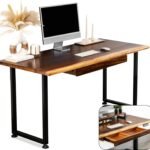 Wood Computer Desk with Drawer - 48x27 Solid Wood Desk, Live Edge Walnut Desk, Sturdy Metal Legs - Scratch and Stain Resistant Finish - Premium Quality