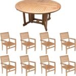 9-Piece Teak Patio Dining Set with 72-Inch Round Drop Leaf Table & Avant Stacking Chairs (P44WO)