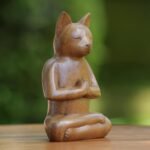 NOVICA Brown Animal Themed Suar Wood Sculpture, 6.5" Tall 'Cat in Deep Meditation' - Image 3