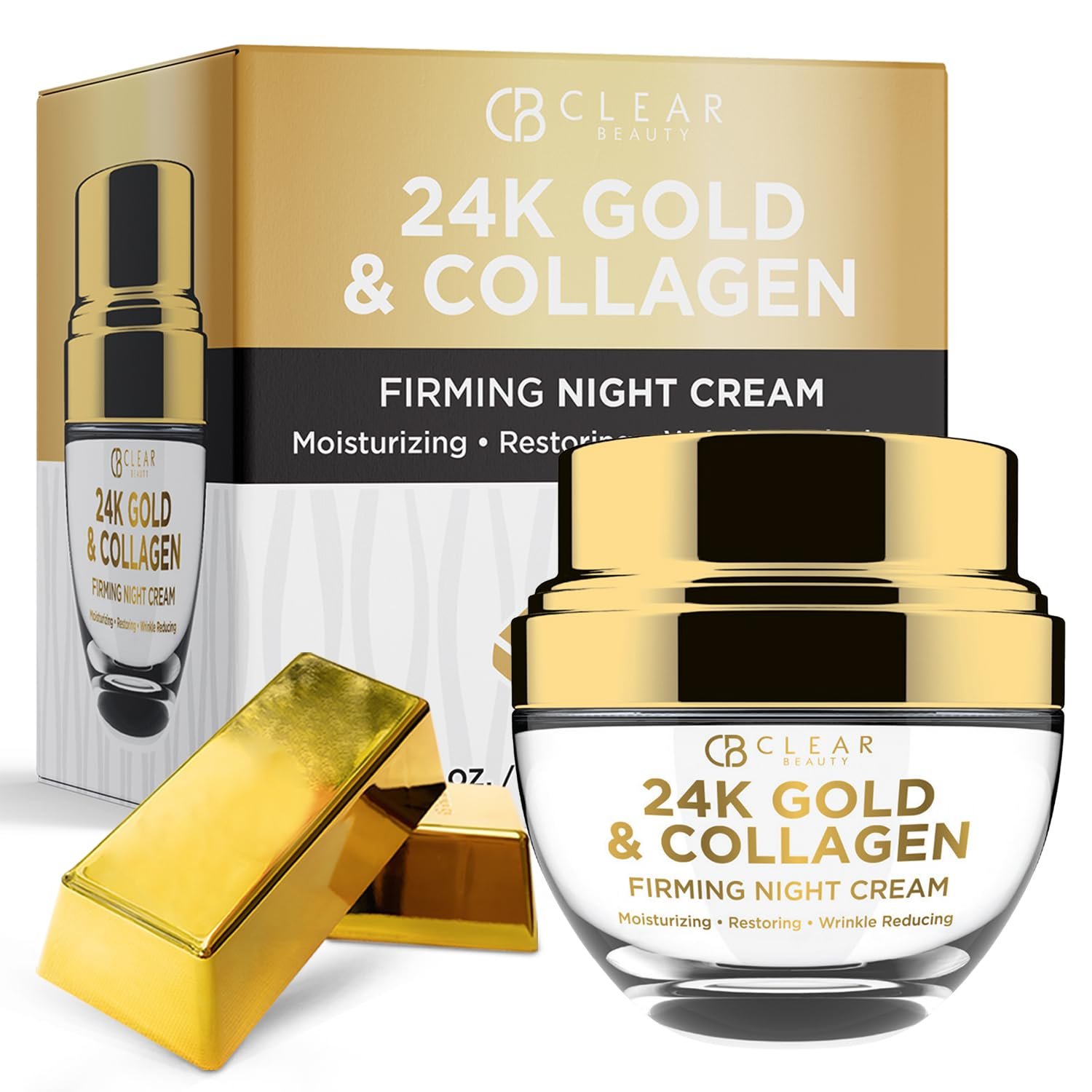 71xgQy2ehrL._SL1500_.jpg Clear Beauty 24K Gold & Collagen Night Cream – Firming & Ultra Hydrating Face Moisturizer – Restores Smooth, Youthful Looking Skin – Dermatologist Tested, Korean Skin Care, Clean Beauty – 1.69 Fl Oz - Image 1