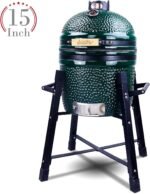 Ceramic Kamado Charcoal BBQ Grill and Smoker, Stainless Steel Grates -15" Ceramic with Tall Stand (GREEN) - Image 2