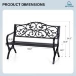 MFSTUDIO 50 Inches Outdoor Garden Bench, Cast Iron Metal Frame Patio Park Bench with Floral Pattern Backrest, Arch Legs for Porch Lawn Garden Yard(Black) - Image 2