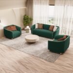 3-Piece Luxury Velvet Sofa Set for Living Room, Elegant Design Couch Set with Curved Armrests and Gold Edge Trim, Tufted Upholstered Couch with Gold Metal Legs (Green, 3+1+1 Set) - Image 3