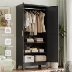 Metal Armoire Wardrobe Closet with Hanging Rod,71H Metal Cabinet with Doors and Shelves,Freestanding Bedroom Armoire Closet,Storage Cabinets for Bedroom,Office,Laundry Room(Black) - Image 5