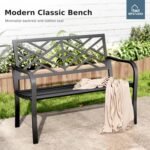 MFSTUDIO 43.7 Inches Outdoor Garden Bench, Cast Iron Metal Frame Patio Park Outside Benches with Geometric Pattern Backrest for Front Porch, Black - Image 2