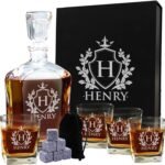 My Personal Memories, Personalized 5 pc Whiskey Decanter Set - Decanter and 4 Glasses Gift Set - Custom Engraved with Name and Initial (Shield Design)