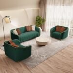 3-Piece Luxury Velvet Sofa Set for Living Room, Elegant Design Couch Set with Curved Armrests and Gold Edge Trim, Tufted Upholstered Couch with Gold Metal Legs (Green, 3+1+1 Set) - Image 5