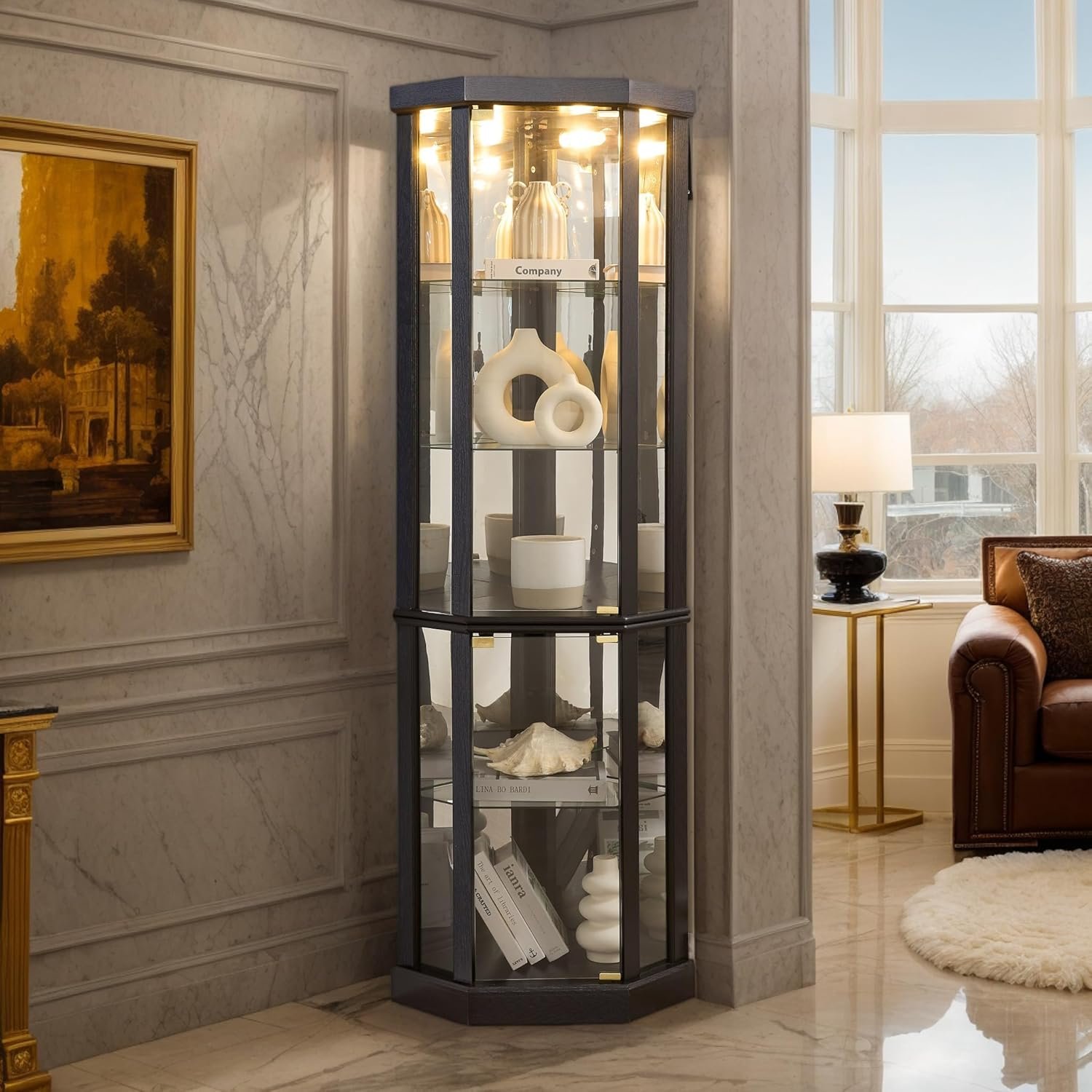817IMhL0L0L._AC_SL1500_.jpg Corner Curio Cabinet, 70" H Lighted Glass Display Cage with Tempered Glass Doors and 5 Adjustable Shelves, Light Bulb Inclued, Wine Bar China Cabinet for Living Room (Black) - Image 1