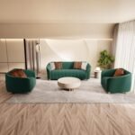 3-Piece Luxury Velvet Sofa Set for Living Room, Elegant Design Couch Set with Curved Armrests and Gold Edge Trim, Tufted Upholstered Couch with Gold Metal Legs (Green, 3+1+1 Set)