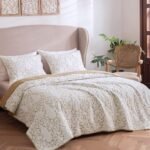 mixinni Quilt King Size Reversible Soft Cotton 3-Piece Beige Embroidery Pattern Elegant Quilt Set with Embroidered Decorative Shams Soft Bedspread&Coverlet Set-King Size - Image 2